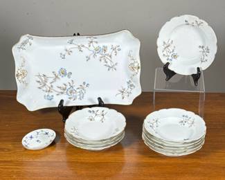 (12pc) Herend & Limoges Porcelain | Including 10 Limoges dishes with gilt scalloped rims and a matching rectangular dessert tray, plus an oval Herend dish. - w. 8.5 x l. 13.5 in (tray)