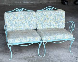 MID-CENTURY CAST IRON SETTEE SOFA | Outdoor patio furniture, love seat in blue with scroll arms. - h. 35 x w. 52 x d. 28 in
