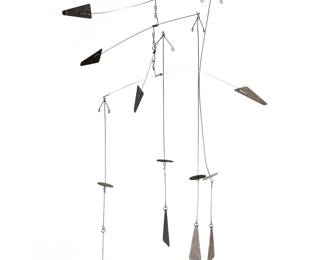 CALDER STYLE MID CENTURY METAL MOBILE SCULPTURE | Manner of Alexander Calder, mid-century modern abstract hanging sculpture having four balanced articulating sections, no apparent signature. - h. 32 in