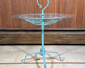 Outdoor Side Table | Cast iron scrolled top side table having a round glass top on a footed pedestal base; table h. 19.75 in. -  dia. 23.5 in
