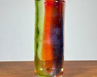 Colorful Art Glass Vase | Red, green, and blue with bubble pattern; no apparent signature. - h. 13 x dia. 5 in