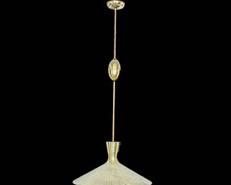 MCM BRASS HEIGHT ADJUSTABLE HANGING PENDANT LIGHT | Mid-century modern brass ceiling light fixture; current drop from ceiling 35 inches. -  h. 15 x dia. 20 in (light only)

