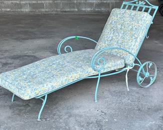 MID CENTURY CAST IRON PATIO LOUNGE RECLINER | Outdoor furniture lounge chair, with scrolled arms and vine motif - h. 23 x w. 27 x l. 77 in
