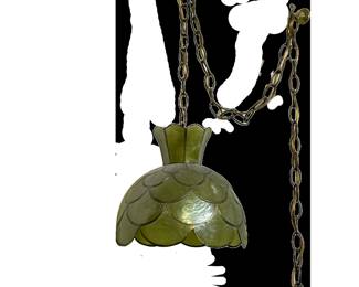 RETRO MICA SCALE HANGING FIXTURE | Mid-century modern hanging ceiling light fixture in a green scale-form design. - h. 9 x dia. 10 in

