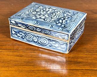 Chinese Blue & White Box | Chinese porcelain rectangular lidded box with key and scroll patterns in under glaze blue, no apparent markings. - h. 1.5 x w. 3.25 x l. 4.25 in
