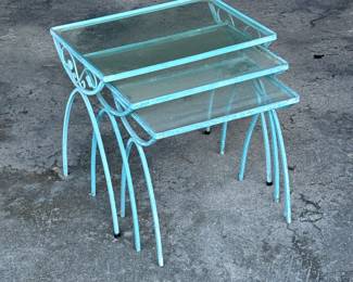 CAST IRON PATIO NESTING TABLES | A set of three glass top side tables with blue cast iron frames and scrolled vine decoration. - h. 20 x l. 21 x d. 15 in

