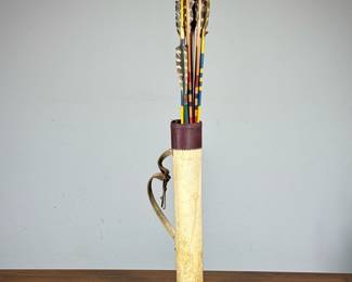 (10pc) Quiver & Arrows | A leather quiver with nine colorfully painted arrows. - h. 17 in (quiver)