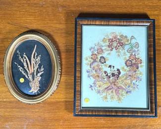 (2pc) Framed Flowers | Including a framed wreath of pressed flowers with butterfly wings and framed plants behind domed glass in a gilt Italian frame. - h. 11.5 x w. 9.5 in (largest)