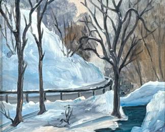 IRENE JAMISON (20th Century) | Winter scene. Oil on masonite. 0 x 7 in - h. 12.5 x w. 10 in (frame)