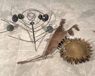 (3pc) MIXED METAL SCULPTURE | cups; an iron amorphous section of sculpture with oxidation; plus a yellow finish metal sunflower. - dia. 18 in (sunflower)
