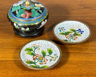 (3pc) Chinese Cloisonné | Including a round lidded jar in a fitted wood stand and a pair of small dishes with flowering branches on a white ground. - h. 2.5 x dia. 4 in (box)