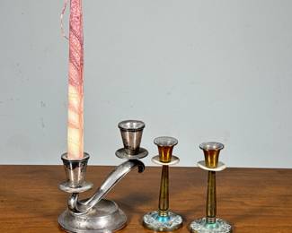 (3pc) Sterling & Other Candlesticks | Including a weighted sterling silver double candlestick holder and a pair of Israeli candlesticks. - h. 5.25 x l. 5.5 x dia. 3.75 in (sterling)


