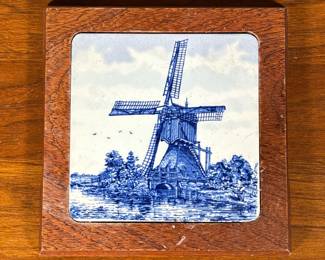 Delft Style Trivet | Blue and white delft style tile in a wood frame. -  h. 8 x w. 8 in (overall)
