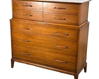 HENDREDON MID-CENTURY TALL CHEST | Mid-century modern dresser having four half-drawers over three full-width drawers, of one-piece construction. - h. 46 x w. 47 x d. 19 in
