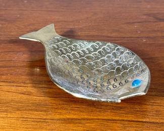 Israeli Brass Fish Dish | Small brass fish form fish with turquoise eye, marked on the bottom. - l. 6.25 in
