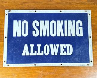 VINTAGE ENAMELED METAL “NO SMOKING ALLOWED” SIGN | Nelke, NY, white text on a blue background - h. 14.6 x w. 21.5 in