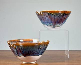 (2pc) Art Pottery Noodle Bowls | Flambé glazed soup bowls with chopstick crusts, each with incised signature on the bottom “garnier” - h. 3.25 x dia. 6.5 in
