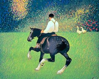 CW GICLEE | Pointillist equestrian scene signed in the print with initials "CW" lower right. -  h. 16 x w. 17.5 in (canvas, flat)

