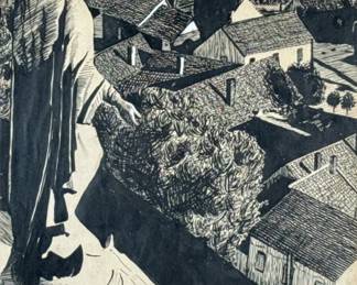 Monochrome Artwork | Pen & ink drawing or etching, no apparent signature. Sight 13.25 x 9.5 in. - h. 18.25 x w. 14.25 in (frame)