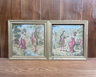 (2pc) Framed Needlepoint Scenes | Courting scenes in gilt frames. - h. 11 x w. 11 in
