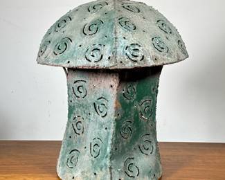 FOLK ART STYLE PIERCED METAL LANTERN | Patinated metal lantern with pierced spiral pattern, no interior or wiring, use over an electric fixture or large candle, very unique! No apparent signature. - h. 19 x dia. 18 in (overall)
