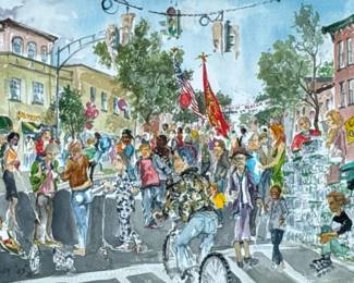 Erickson Signed Watercolor | Spirit of Beacon Day
Watercolor on woven paper. Signed lower left "Lou Erickson" or Lee Erickson" and dated '03. Sheet 15.25 x 22.5 in. -  h. 25.75 x w. 33.5 in (frame)