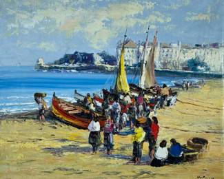 Signed Oil Painting | Boats on a beach. Oil on canvas. Signed indistinctly lower right, "MG P..." - h. 19 x w. 23 in