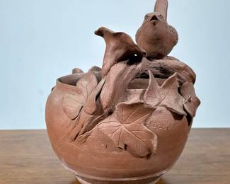 REDWARE ART CERAMIC BOWL WITH BIRD FIGURE | Initialed “CR” on base. - h. 7.5 x dia. 6.5 in