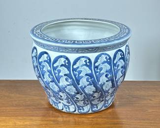 BLUE & WHITE CERAMIC JARDINIERE | Blue and white glazed pottery planter with key patterned rim. - h. 9.5 x dia. 13 in