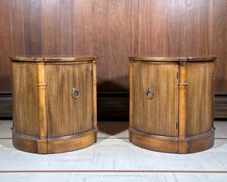 (2pc) Parquetry Bedside Cabinets | 
A pair of end tables or nightstands with shaped parquetry tops over a single cabinet door. - h. 23.5 x w. 18 x d. 22.25 in