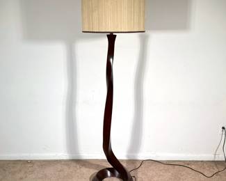 PALECEK MODERNIST FLOOR LAMP | With nicely figured curved wood column base; base dia. 16 in. - h. 67.75 x dia. 20 in (overall with shade)