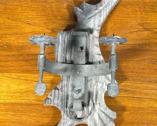 IRON & CARVED WOOD CANDLE SCONCE | Artistic carved wood and iron-mounted wall sconce with two candle arms. -  h. 17 x w. 8 x d. 6 in

