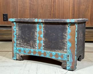 Copper Banded Chest | With hinged lid, patinated copper banding. - h. 15 x l. 24.5 x d. 15.5 in
