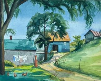 Zelda Becker (20th Century) | Farm scene. Watercolor on paper. Signed and dated '43 lower right. Sight 13.5 x 20.75 in. - h. 22 x w. 29.5 in (frame)