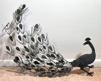 FOLK ART METAL PEACOCK | Decorative metal peacock sculpture. - h. 26 x w. 33 x d. 1 in
