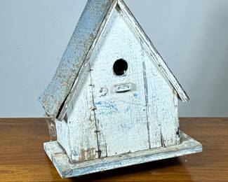 Folk Art Birdhouse | White painted wooden birdhouse with a hammered tin roof. - h. 18 x w. 14 x d. 9.5 in