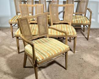 (6pc) Mid-century Modern Dining Chairs | MCM dining chairs with cane backs over striped upholstered seats. - h. 32.25 x w. 22.5 x d. 20 in (armchairs)
