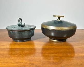 (2pc) Lidded Metal Boxes | Each marked made in Israel. -  h. 4.5 x dia. 6.5 in (larger)