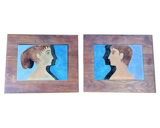(2pc) Pair Mid-century Enameled Plaques | Two profile portraits in enamel on copper; each panel 5.5 x 7.5 in., no apparent signature. - h. 9 x w. 11 in (wood panel)

