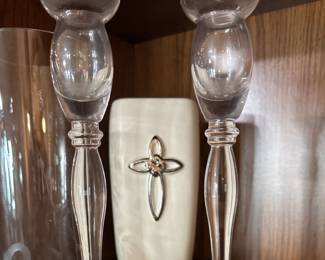 Crystal Candle Holders and Cross White Vase