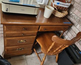 Small solid wood desk and chair, printer and shredder.