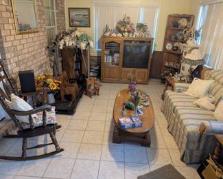 Beautiful old Rocker. Oak coffee table, corner curio.