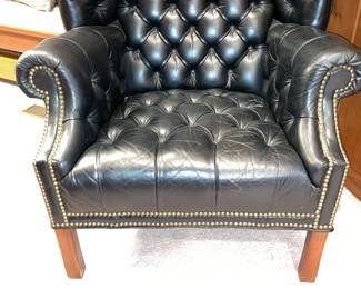 Large Black Leather Upholstered Arm Chair With Nail Head Trim & Wooden Legs