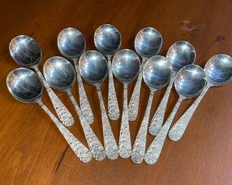 Stieff "Rose" Pattern Sterling Silver Flatware Set (12 Dinner Forks, 12 Seafood Forks, 12 Salad Forks, 12 Round Soup Spoons, 12 Dinner Knives, 12 Demi-Tasse Spoons, 12 Tea Spoons, 1 Sugar Serving Spoon, 1 Solid Serving Spoon, 1 Pierced Serving Spoon, 1 Ladle, 1 Pickle Fork, 1 Olive Fork, 4 Butter Spreaders, & 1 Pie Server)