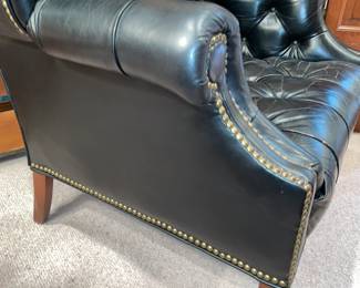 Large Black Leather Upholstered Arm Chair With Nail Head Trim & Wooden Legs