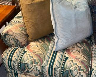 Green Patterned Upholstered Couch With Decorative Pillows (2 Available)