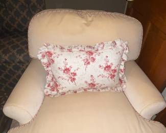 Oversized Cream Colored Arm Chair With Pink Swirl Trim & Pink Floral Accent Pillow Made By "The Newport Collection" For Bloomingdales