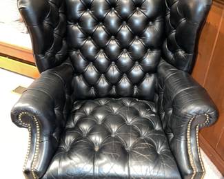 Large Black Leather Upholstered Arm Chair With Nail Head Trim & Wooden Legs