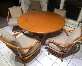 Kitchenette Wooden Table Set With Fabulous Mid-Century Modern/Boho Bamboo Swivel Chairs