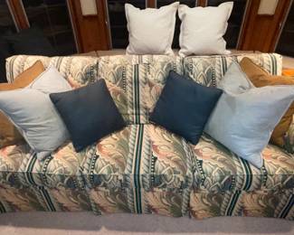 Green Patterned Upholstered Couch With Decorative Pillows (2 Available)
